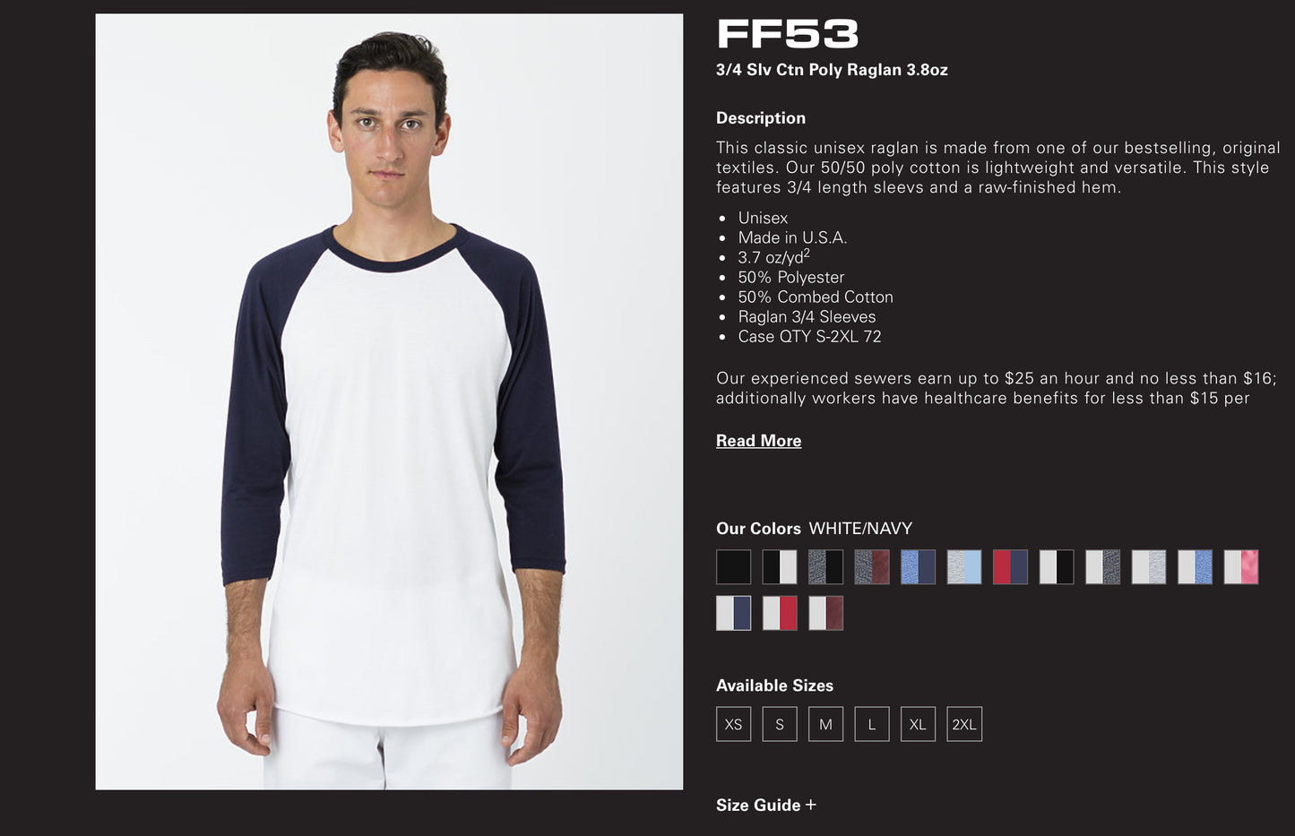 3/4 Sleeve Cotton Poly Raglan 3.8 oz - FF53